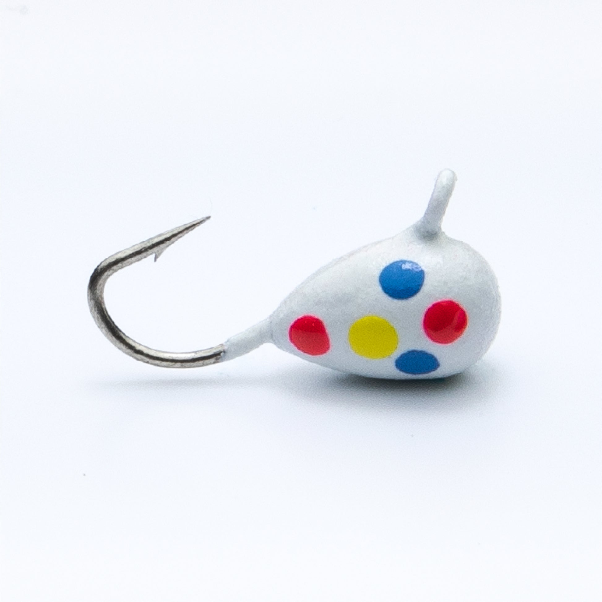 teardrop tungsten ice jig painted in wonder bread pattern 